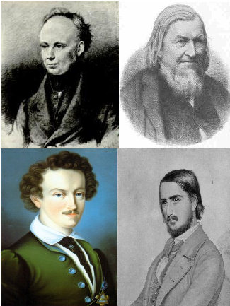 oben links: Christian Dietrich Grabbe, oben rechts: August Heinrich Hoffmann von Fallersleben, unten links: Georg Büchner, unten rechts: Georg Herwegh